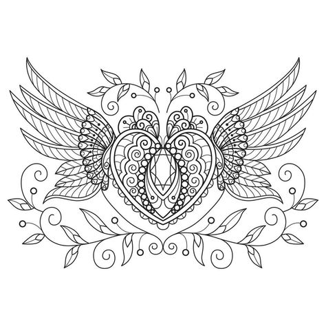 Heart and angel wings hand drawn for adult coloring book Angel Wings Heart, Angel Wings Tattoo, Wing Tattoo, Angel Wings, Mandala Coloring Pages, Coloring Pages To Print, Mandala Coloring, Free Coloring Pages, Adult Coloring Books