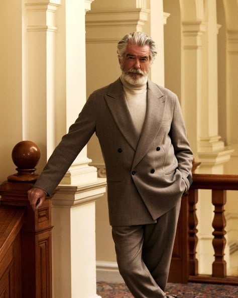 Pierce Brosnan for Kith & Giorgio Armani: The Traveler Pierce Brosnan Style, Polo With Jeans, James Bond Fashion, Mens Suits Modern, Old Man Fashion, Summer Monogram, Team Usa Olympics, Grey Hair Men, Beard Style