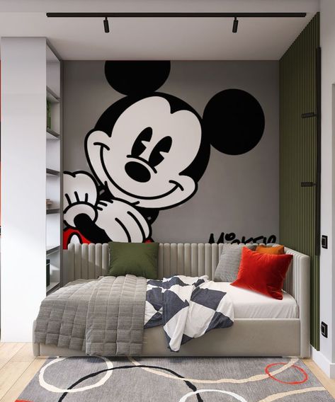 Home decor ideas bedroom kids boys wall art Disney Themed Airbnb, Mickey Mouse Bedroom Ideas, Minnie Mouse Bedroom Ideas, Mickey Mouse Bedroom Decor, Mickey Mouse Curtains, Mickey Mouse Room Decor, Mickey Room, Disney House Ideas, Mickey Mouse Room