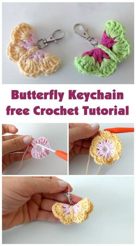 Crochet Butterfly Keychain, Crochet Keyring Free Pattern, Crochet Key Chains, Crochet Keyring, Keychain Patterns, Butterfly Keychain, Crochet Keychains, Keychain Pattern, Crochet Motif Patterns