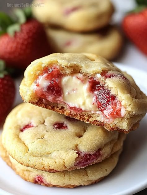 Strawberry Cheesecake Stuffed Cookies - Soft & Fruity Dessert - Recipes By Clare Strawberry Cheesecake Puffs, Strawberry No Bake Cookies, Jelly Stuffed Cookies, Strawberry Cheesecake Thumbprint Cookies, Strawberry Stuffed Cheesecake Cookies, Baking Ideas For Valentines Day, Easy Strawberry Cookies, Christmas Stuffed Cookies, Cream Cheese Chipits Recipes