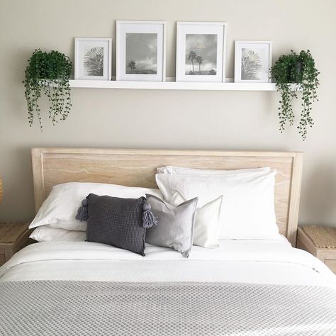 Image from Kmart Hack Queen 👸🏼 on Instagram - I love the picture rail idea above the bed 🥰 Frame Above Bed Ideas, Over Bed Frame Decor, Bedroom Decor Above Bed Ideas, Bedroom Front Wall Decor, Decor Above Queen Bed, Pictures Above The Bed, Frames Above Queen Bed, Picture Ledge Above Mirror, Three Pictures Above Bed