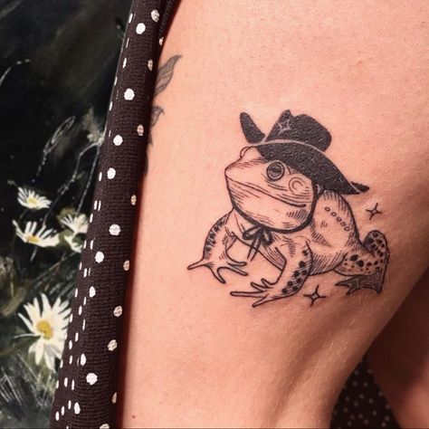 Cowboy Toad Tattoo, Frog Wearing Cowboy Hat Tattoo, Frog In Cowboy Hat Tattoo, Frog With Cowboy Hat Tattoo, Cowboy Animal Tattoo, Bullfrog Tattoo, Cowboy Frog Tattoo, Cheeky Tattoos, Silly Tattoo Ideas