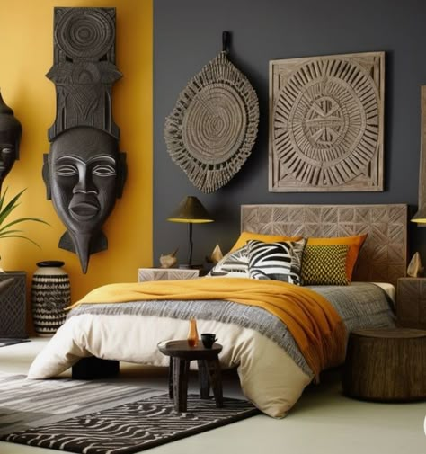 African Master Bedrooms Decor, Africa Themed Bedroom, Modern African Bedroom, Afro Bohemian Bedroom, African Style Bedroom, Afro Boho Bedroom, African Bedroom Ideas, African Inspired Bedroom, Afro Bohemian Style Decor