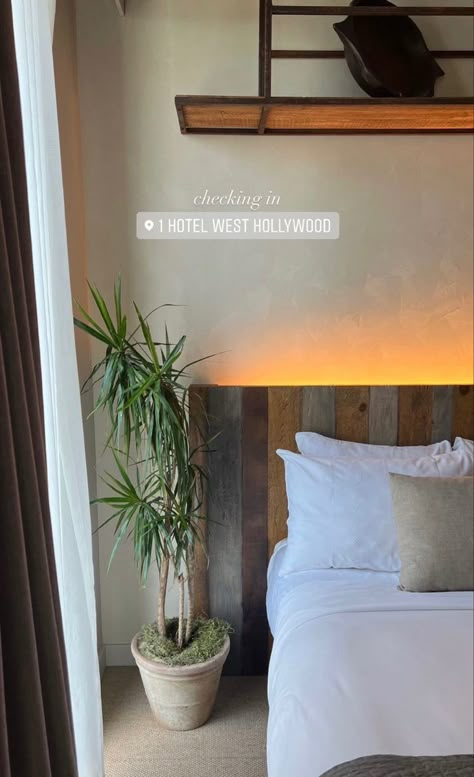 A picture of a hotel room with a bed that has white sheets and a tall plant in a pot. Vision Board Pictures Airbnb, One Hotel West Hollywood, Staycation Picture Ideas, Hotel Ig Story Aesthetic, Honeymoon Story Ideas, Hotel Stories Instagram, Staycation Photo Ideas, Hotel Pics Ideas, Hotel Content Ideas Instagram