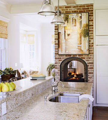 Kitchen Fireplace, two sided from family room to the kitchen would be ideal in dream home. #Better Homes and Gardens Dream Home Fireplace Two Sided, Garage Suite, Two Sided Fireplace, Small Fireplace, Double Sided Fireplace, Kitchen Fireplace, Fireplace Ideas, Home Fireplace, Living Room Remodel