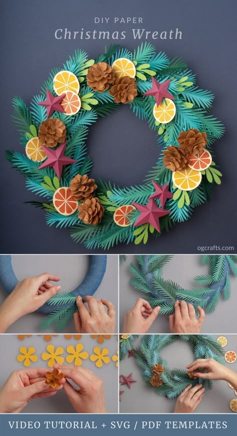 This DIY paper wreath with pine cones, orange slices, and stars will become a wonderful embellishment for your home in winter, especially at Christmas. Join our crafting community, watch the video tutorial and download SVG / PDF templates to learn how you can make it! #diypaperdecor #christmaswreath #cricutcrafts #ogcrafts Paper Christmas Wreath, Christmas Wreath Tutorial, Paper Wreath Diy, Home In Winter, Christmas Wreaths Diy Easy, Diy Christmas Wreaths, Paper Wreath, Paper Flower Crafts, Christmas Wreaths To Make