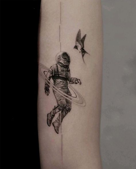 Space Arm Tattoo, Micro Realism Tattoo, Space Tattoo Sleeve, Micro Realism, Sky Tattoos, Small Neck Tattoos, Astronaut Tattoo, Nerd Tattoo, Universe Tattoo