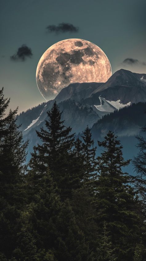 Mountain And Moon Wallpaper, Full Moon Mountains Night, Mystical Nature Aesthetic, Moon Aesthetic Landscape, Real Moon Pictures, Forest Moonlight, Moon Over Mountains, Full Moon Wallpaper, Landscape Night Sky