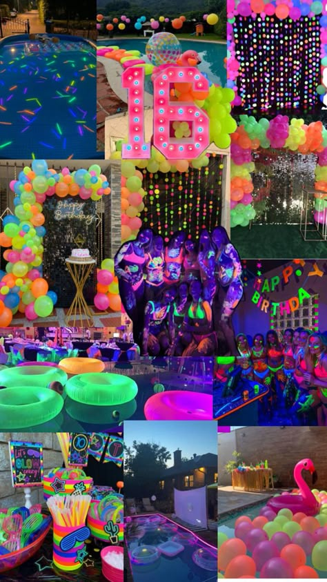 Neon+Pool+Movie Glow Birthday Party Ideas, Sweet 16 Pool Parties, Neon Sweet 16, Neon Pool Party, Neon Pool Parties, Glow Theme Party, Pool Movie, Sixteen Birthday Party Ideas, 14th Birthday Party Ideas