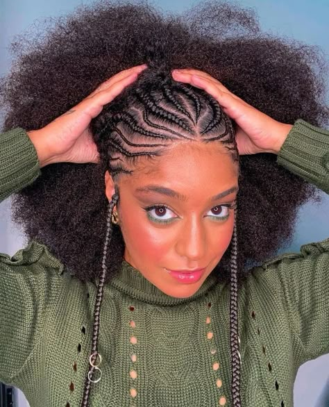 Half Cornrows Half Braids Natural Hair, Half Cornrows Half Natural Hair, New Hairstyles 2022, Fall Hairstyles 2022, Ladies Cycle, Afro Puff Hairstyles, Half Cornrows, Hair Trends 2024, Cornrow Ponytail