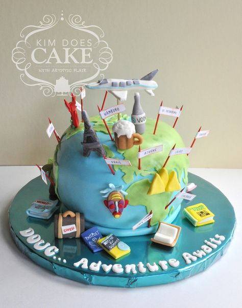 World Travel Retirement Cake Travel theme retirement cake for a world traveler. I highlighted some destinations that he wanted to go to.... Cake Travel Theme, Travel Birthday Cake, Retirement Cake Ideas For Men, Retirement Cake Ideas, Travel Wedding Cake, Retirement Party Cakes, Cake Travel, Luggage Cake, Cake Ideas For Men