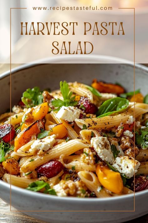 Celebrate the flavors of fall with this hearty and vibrant Harvest Pasta Salad, featuring roasted butternut squash, Brussels sprouts, and a tangy balsamic vinaigrette. Perfect as a main dish or a side for any autumn gathering! Feel Good Fall Salad, Butternut Pasta Salad, Thanksgiving Cold Pasta Salad, Butter Squash Salad, Whole Grain Pasta Salad, Amazing Pasta Salad, Autumn Pasta Salad Recipes, Xmas Pasta Salad, Fall Dinner Salads