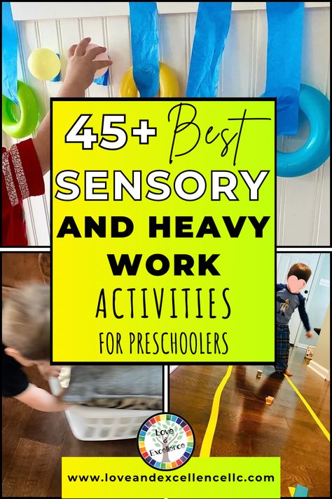 Here are  45+ of our favorite ideas for sensory seekers, from heavy work activities for kids, to how to modify academic activities in ways that add extra body resistance work, to gross motor activities that engage the whole body.  I hope they inspire you and your child find what works to give their little bodies, minds, and hearts what they need! Big Body Play Preschool, Preschool Workout Activities, Physical Sensory Activities, Preschool Heavy Work Activities, Diy Gross Motor Activities, Heavy Sensory Activities, Classroom Heavy Work Activities, Reciprocal Play Activities, Heavy Work Occupational Therapy