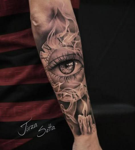 70 Smoke Tattoo Design Ideas with Meaning | Art and Design Eye Forearm Tattoo Men, Eye Clock Tattoo Design For Men, Eye In Clock Tattoo Design, Women Eye Tattoo Ideas, Fill Ins For Sleeve Tattoos, Eye Tattoo Ideas Women Sleeve, Half Arm Sleeve Tattoo For Women Unique, Eye Tattoo With Clock, Forearm Eye Tattoo