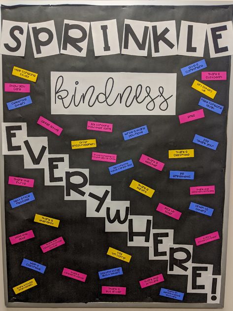 Sprinkle Kindness Everywhere Bulletin Board Act Of Kindness Bulletin Board Ideas, Kindness Matters Bulletin Board, Linked Together By Kindness And Love Bulletin Board, Bulletin Board Ideas Kindness, Positivity Boards At Work, Sprinkle Kindness Like Confetti Bulletin Board, Kindness Is Cool Bulletin Board, Cute Bulletin Board Ideas For School, Interactive Kindness Bulletin Board