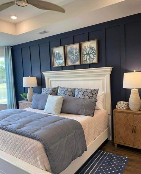 Navy Bedroom Accent Wall, Blue Feature Wall Bedroom, Navy Bedroom Walls, Navy Blue Rooms, Blue Feature Wall, Blue Accent Wall, Navy Accent Walls, Navy Bedroom, Navy Bedrooms