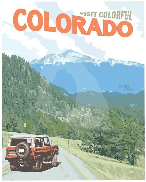 Pikes Peak is the highest summit of the southern Front Range of the Rocky Mountains, Remember the beautiful Colorado landscape and towering Pikes Peak with this vintage-style travel poster. We print our posters and gallery-wrapped canvas prints using high-quality papers/canvas, archival pigment inks, and professional printing processes. We guarantee the quality of our posters and gallery-wrapped canvas prints. Greeting cards and postcards are shipped flat and printed on high-quality cardstock. T Colorado Pikes Peak, Vintage Colorado Postcard, Vintage Posters Patagonia, Vintage Patagonia Pictures, Location Posters, Colorado Travel Poster, Colorado Postcard, Colorado Prints, Colorado Poster