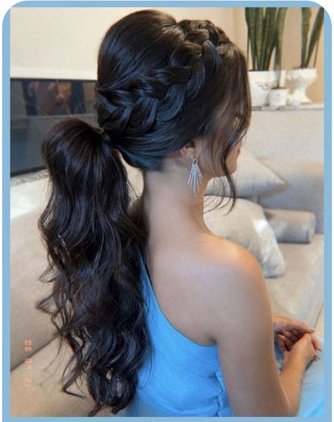 Long Hair Styles For Photoshoot, Hairstyle For Quinceanera Mom, Quinceanera Hairstyles Ponytail, Ponytail Hairstyles For Bride, Elegant Hair Styles For Long Hair Length, Prom Hairstyles Round Face, Hairdos For Long Hair Formal, Formal Hairstyles For Prom, Event Updo