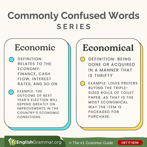 Economic vs. Economical #vocabulary #amwriting #writing Economic Vocabulary, Economics Vocabulary, Rbi Grade B, Learn Economics, Economics 101, Advanced English Grammar, Economics Notes, Business Writing Skills, Commonly Confused Words