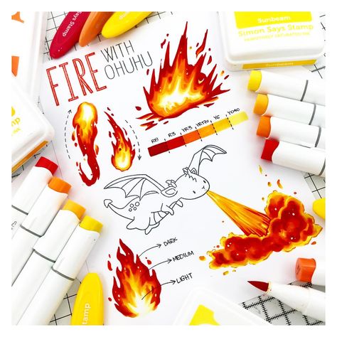 How To Color Fire With Markers, How To Draw Fire With Markers, Coloring With Markers Ideas, Art With Copic Markers, Copic Marker Techniques, How To Color Fire, Coloring With Ohuhu Markers, Copic Marker Color Combinations, Coloring Techniques Markers