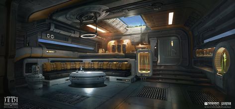 Stinger Mantis Interior Lounge Art from Star Wars Jedi: Fallen Order #art #artwork #gaming #videogames #gamer #gameart #conceptart #illustration #starwars #starwarsjedifallenorder Scifi Hallway, Spaceship Bedroom, Nostromo Alien, Sci Fi Room, Space Environment, Scifi Horror, Interior Concept Art, Movies Cartoon, Star Wars Ships Design