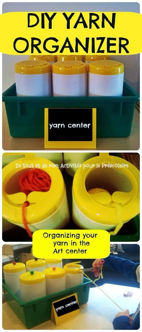 Diy Yarn Organizer, Yarn Organizer, Art Room Organization, Crafting Table, Crafts Organization, Wipes Container, Yarn Organization, Base Building, Maker Space