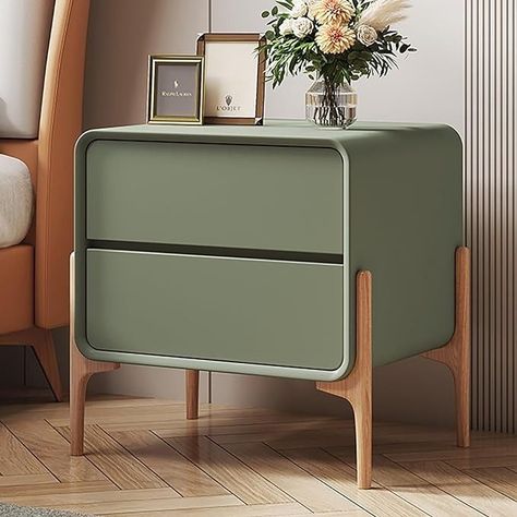 Green Side Table Living Room, Side Drawer Design, Green Night Stand, Funky Nightstand, Bed Side Table Ideas, Bed With Side Tables, Side Table For Bed, Side Tables Bedroom Modern, Bed End Table