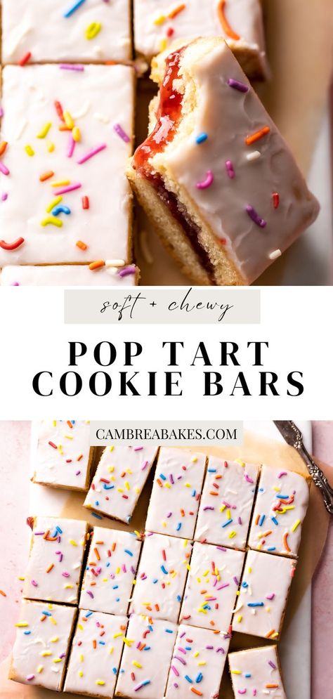 pop tart cookie bars filled with strawberry jam. Strawberry Pop Tarts, Chewy Sugar Cookie, Strawberry Pop, Strawberry Pop Tart, Cookie Base, Strawberry Preserves, Pop Tart, Vanilla Glaze, Bars Recipe