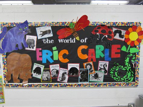 Eric Carle author study bulletin board Eric Carle Classroom Decor, Eric Carle Classroom Theme, Eric Carle Author Study, Eric Carle Crafts, Eric Carle Classroom, Eric Carle Books, Eric Carle Art, Book Bulletin Board, Eric Carle Activities