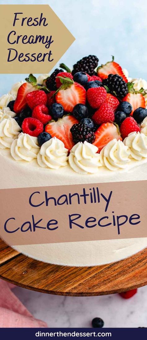 Chantilly Cake is a dreamy dessert with layers of moist vanilla cake topped with simple syrup, sweetened cream frosting, and fresh berries. Strawberry Cake With Chantilly Cream, Chantilly Bar Cake, Chantilly Berry Cake Recipe, Chantilly Cake With Berries, Chantilly Cake Frosting, White Cake With Berries On Top, Vanilla Cake With Berries, Fruit Chantilly Cake, Copycat Whole Foods Chantilly Cake