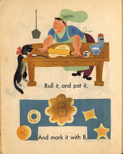 Baby's Mother Goose: Pat-a-cake (c)1948, illustrated by Aurelius Battaglia. Aurelius Battaglia, Baker Illustration, Mid Century Book Shelf, Greg Paprocki, Children's Books Illustration, Midcentury Art, Cake Drawing, Mid Century Illustration, Children Book Illustration