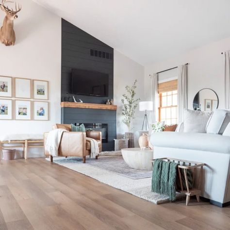 75 Vaulted Ceiling Living Room with a Shiplap Fireplace Ideas You'll Love - December, 2023 | Houzz Layered Rugs Living Room, Faux Fireplace Diy, Transitional Living, Faux Fireplace, Luxury Vinyl Plank Flooring, Neutral Living Room, Transitional Living Rooms, Home Fireplace, Living Room With Fireplace