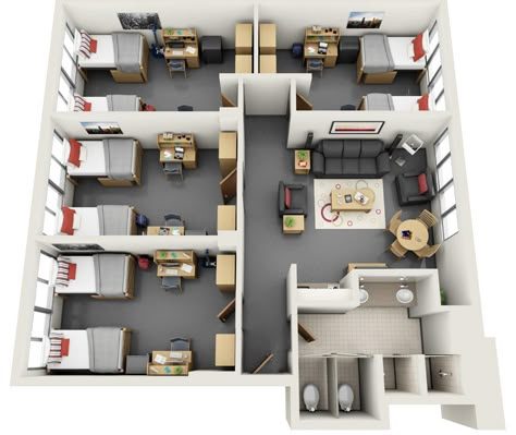 Dorm Layout, Dorm Room Layouts, Office Design Trends, Small Apartment Building, Hostels Design, Hostel Room, 3d Architectural Rendering, Small House Layout, House Floor Design