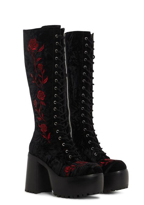 Thigh High Fabric Boots, Thigh High Goth Boots, High Heel Skates, Tall Gothic Boots, Red And Black Platform Boots, Cute Black Boots For Women, Masculine Shoes For Women, Red Gothic Clothes, Weird High Heels