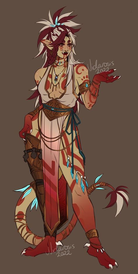 ArtStation - Fe'zane: Dragonflight design Human Alien Hybrid Character Design, Dnd Fairy Barbarian, Teifling Female Pink, Tough Character Design, Snake People Character Design, Fire Based Character Design, Dnd Archfey Art, Wow Characters, Dragon Dnd Character