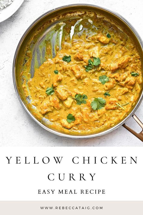 This yellow chicken curry recipe is easy to make in under 45 minutes! Made with a variety of spices to create a healthy homemade yellow curry sauce, that is both gluten-free and dairy-free. Healthy Yellow Curry Chicken, Easy Yellow Curry Chicken, Chicken Recipes Gluten And Dairy Free, Gluten Free Recipes Chicken Easy Dinners, Homemade Yellow Curry, Indian Yellow Curry, Yellow Chicken Curry Recipe Easy, Chicken Curry Recipe No Coconut Milk, Chicken Curry Dairy Free