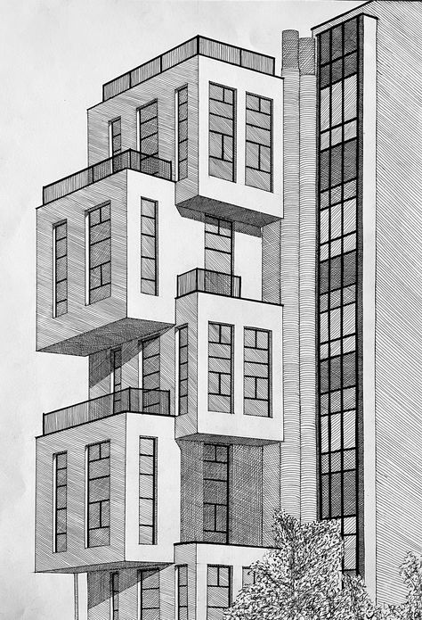 Exterior Perspective Architecture, Scenery Landscape Drawing, Step By Step Perspective Drawing, Sketch Ideas Landscape, Easy Architecture Sketch, Perspective Sketches, 5 Point Perspective, Buildings Sketch Architecture, Architecture Perspective