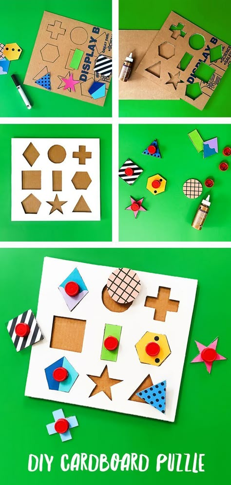 Use recycled materials to DIY your own super hip cardboard shape puzzle! A perfect learning toy for toddlers. #diykids #kidscrafts #recyclingwithkids #ecotoys #diytoys Diy Toddler Toys, Diy Cardboard Toys, Recycled Toys, Carton Diy, Shape Puzzle, Cardboard Puzzle, Cardboard Toys, Learning Toys For Toddlers, Diy Kids Toys