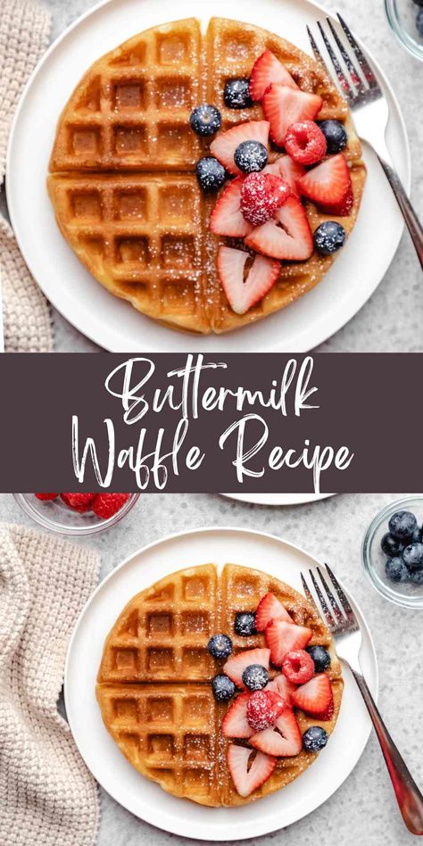 Easy buttermilk waffle recipe! This quick recipe makes waffles that are crisp outside and fluffy on the inside in less than 15 minutes. Waffle Recipe No Butter, Easy Buttermilk Waffle Recipe, Buttermilk Waffle Recipe, Unique Breakfast Ideas, Buttermilk Waffle, Buttermilk Waffles Recipe, Buttermilk Uses, Cornmeal Waffles, Best Waffle Recipe