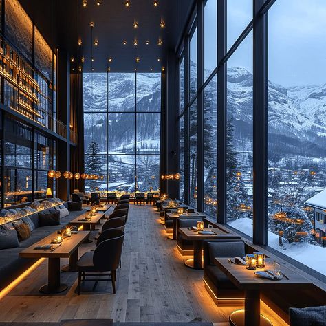 A modern hotel on a snowy winter day in|Visualization Mountain Hotels Design, Chalet Bar Design, Scandinavian Hotel Interior, Glass Houses Architecture, Mountain Restaurant Design, Mountain Hotel Interior, Mountain Hotel Design, Ski Resort Restaurant, Mountain Hotel Architecture