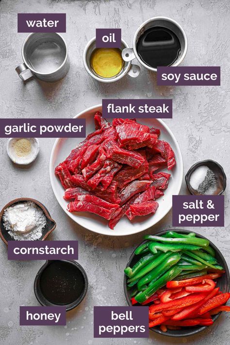 Ingredients for steak and pepper stir fry prepped and labeled. Steak And Pepper Stir Fry, Pepper Stir Fry, Pepper Steak Stir Fry, Steak Stirfry Recipes, Brown Eyed Baker, Steak Stir Fry, Pepper Steak Recipe, Healthy Food Menu, Pepper Steak