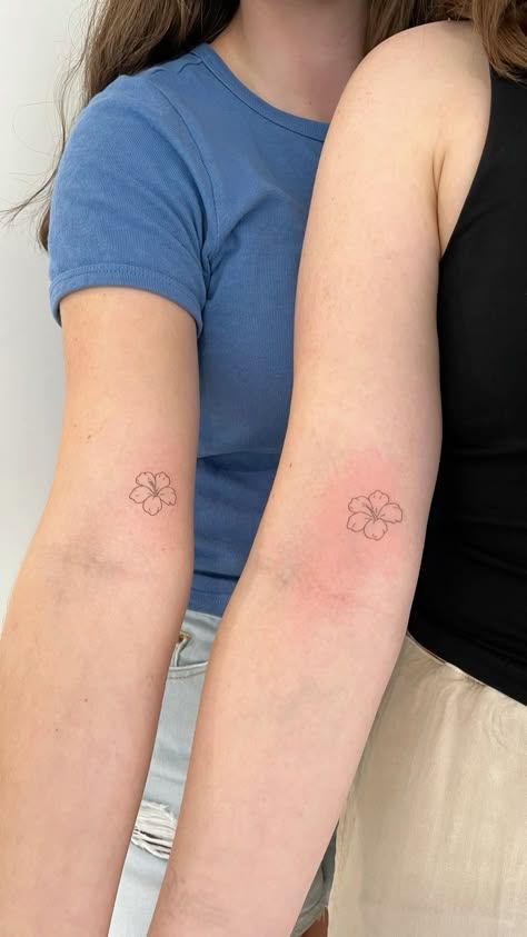 Minimal Hibiscus Tattoo, Cute Hibiscus Tattoos, Fine Line Hawaiian Flower Tattoo, Colombian Flower Tattoo, Tiny Hibiscus Flower Tattoo, Matching Hibiscus Tattoo, Maui Island Tattoo, Small Flower Tattoo Placement Ideas, Fine Line Summer Tattoo