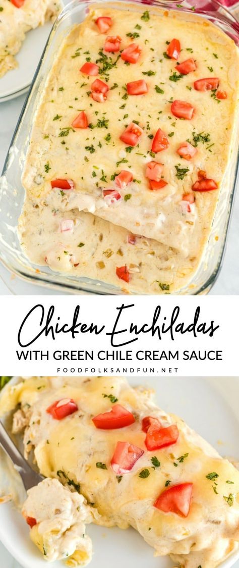 This Chicken Enchilada recipe is some serious comfort food! The enchiladas are filled with chicken, cheese, corn, and green chiles and covered with a green chile cream sauce (made without canned soup!). Enchiladas Mexicanas, Canned Soup, Cheese Corn, Enchilada Recipe, Sour Cream Sauce, Green Chiles, Chicken Enchilada Recipe, Chicken Enchilada, Enchilada Recipes