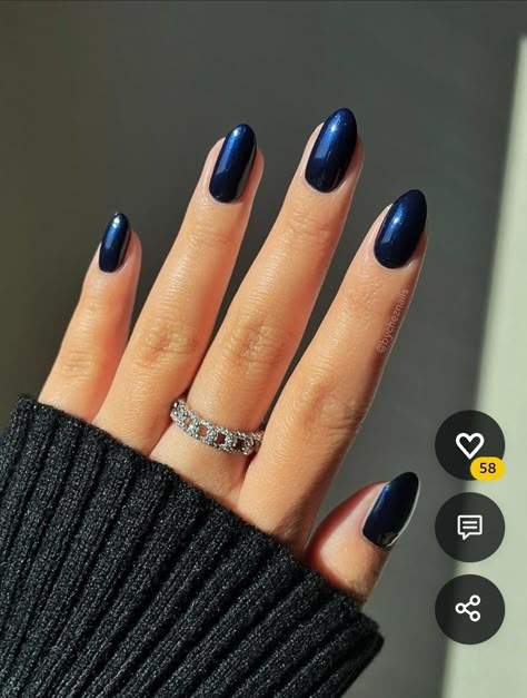 Navy With Crome Nails, January 2025 Nails Blue, Dark Blue Nails Cat Eye, Dark Blue Shiny Nails, Navy Glass Nails, Short Almond Navy Blue Nails, Navy Blue Shimmer Nails, Navy Blue Jelly Nails, Dark Blue With Chrome Nails