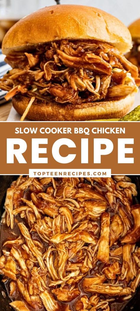 My family loves slow cooker pulled chicken sandwiches, and I love them too because they are the easiest thing to make. This pulled chicken recipe practically makes itself. All you have to do is place all ingredients in the crock pot, cook, and shred. Nothing beats this slow-cooker bbq chicken! Pulled Chicken Crock Pot Recipes, Slow Cooker Pulled Chicken, Barbecue Chicken Crock Pot, Crockpot Favorites, Bbq Pulled Chicken Recipes, Crockpot Pulled Chicken, Pulled Chicken Recipes, Bbq Pulled Chicken, Bbq Chicken Recipe