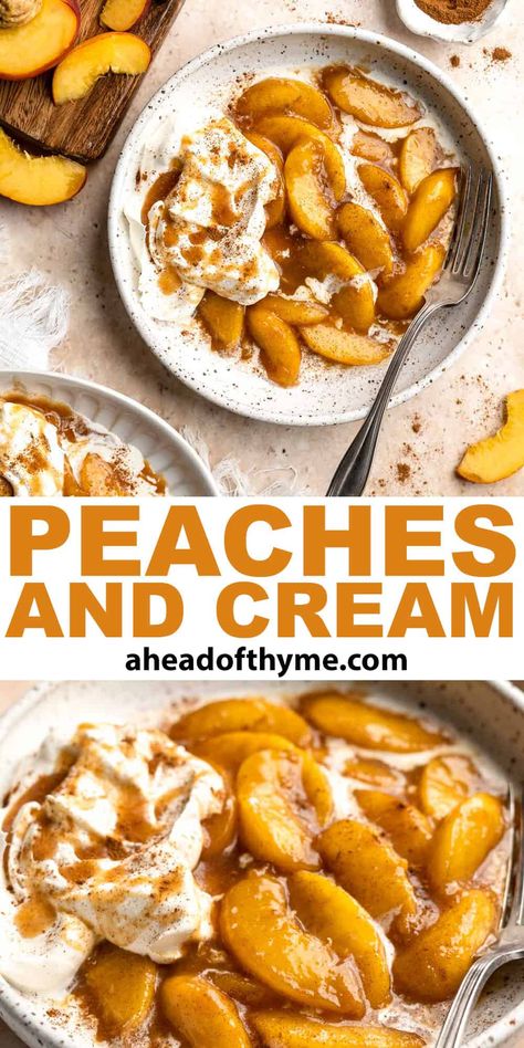 Peaches and Cream is an old-fashioned, no bake dessert that is juicy, fruity, and creamy. Made with layers of tender, stewed peaches and homemade whipped cream, this peach dessert is delightfully simple to make. Ideal for the hot summer months, peaches and cream is the perfect dessert when peaches are in season. It comes together quickly, doesn’t require any complicated equipment or techniques. All you need is a handful of ingredients. | aheadofthyme.com #peachesandcream #pea via @aheadofthyme Peaches And Whipped Cream, Frozen Peaches And Cream, Hot Peaches Recipe, Peaches And Cream Hot Pocket, Stewed Peaches Recipe, Recipes Using Peaches, Stewed Peaches, Peaches And Ice Cream, Peach Dishes