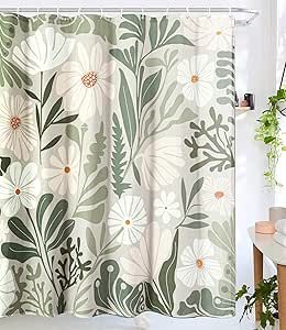 RoomTalks Cute Green Faux Linen Shower Curtain for Aesthetic Bathroom Decor - 210GSM Heavy Duty Modern Floral Matisse Spring Summer Flowers Plants Botanical Shower Curtain Set with Hooks Turquoise Shower Curtain, Aesthetic Bathroom Decor, Cute Shower Curtain, Botanical Shower Curtain, Linen Shower Curtain, Cute Shower Curtains, Colorful Shower Curtain, Boho Bathroom Decor, Aesthetic Bathroom