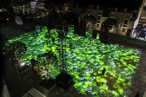 Celebrate the arrival of spring, artist Miguel Chevalier has created three new projection mapping installations at the Jing An Kerry Centre in Shanghai. Floor Projection, Digital Garden, Lily Pictures, Garden Of Lights, Street Installation, Green Facade, Richard Serra, Retail Inspiration, Urban Lighting