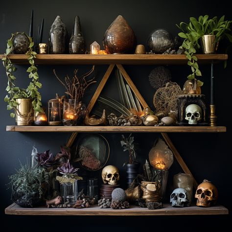 Witchy Shelf Ideas, Bedroom Knick Knacks, Gothic Shelf Decor, Occult Decor Home, Witch Apothecary Desk, Fantasy Witch Shelf, Etagere Styling, Witchy Bedroom Wall Shelves, Witchy Apothecary Shelf